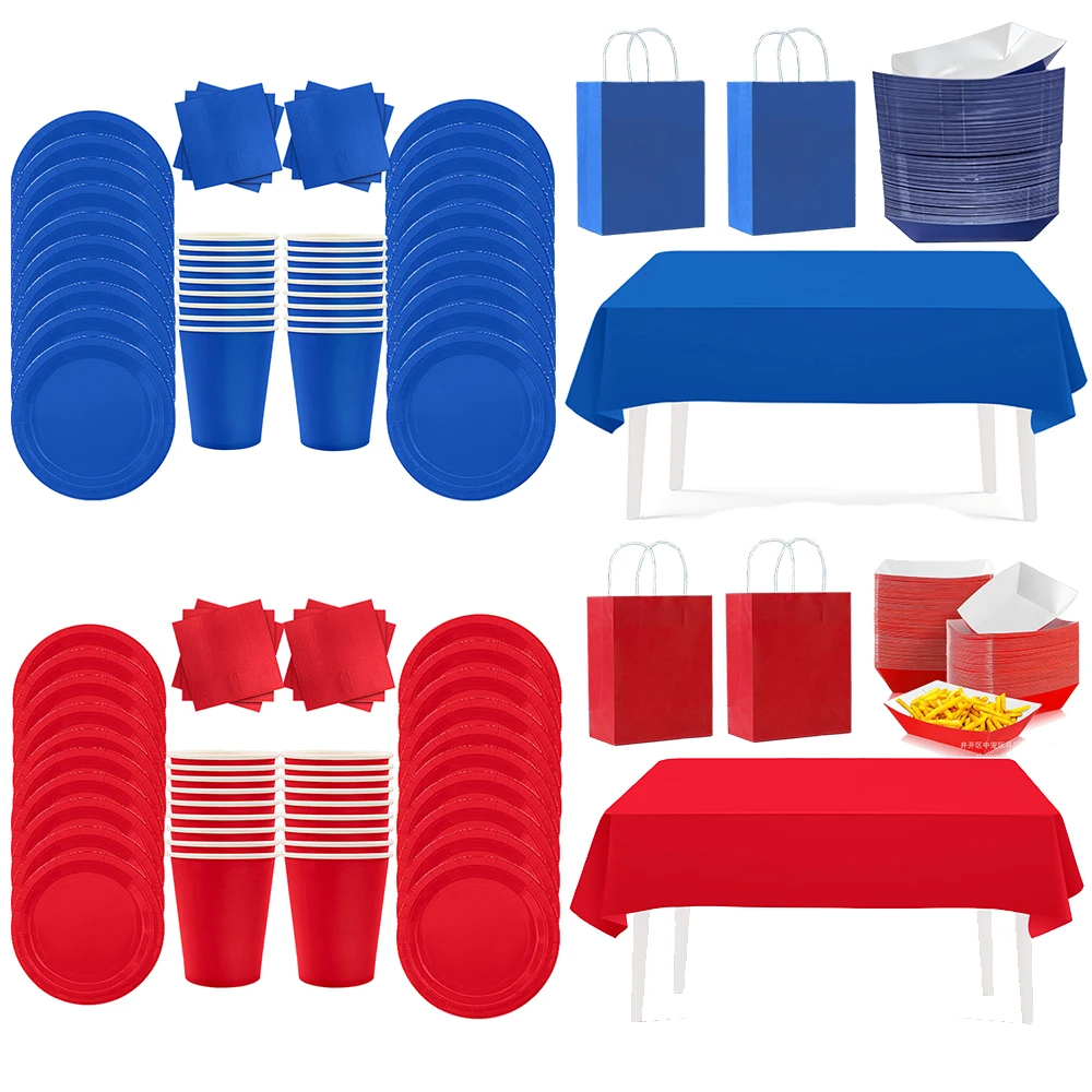 Decoraciones de Cumpleaños con Temática Roja y Azul Oscuro, Vajilla Desechable para Fiestas, Servilletas, Platos, Vasos, Manteles, Bolsas de Regalo, Bandejas para Comida