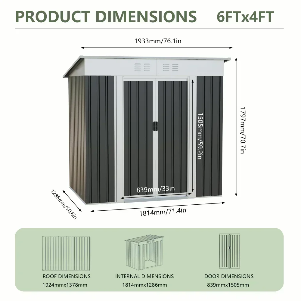 6x4 FT Garden Shed for Patio Outdoors Storage Shed Metal Frame design Sliding Door