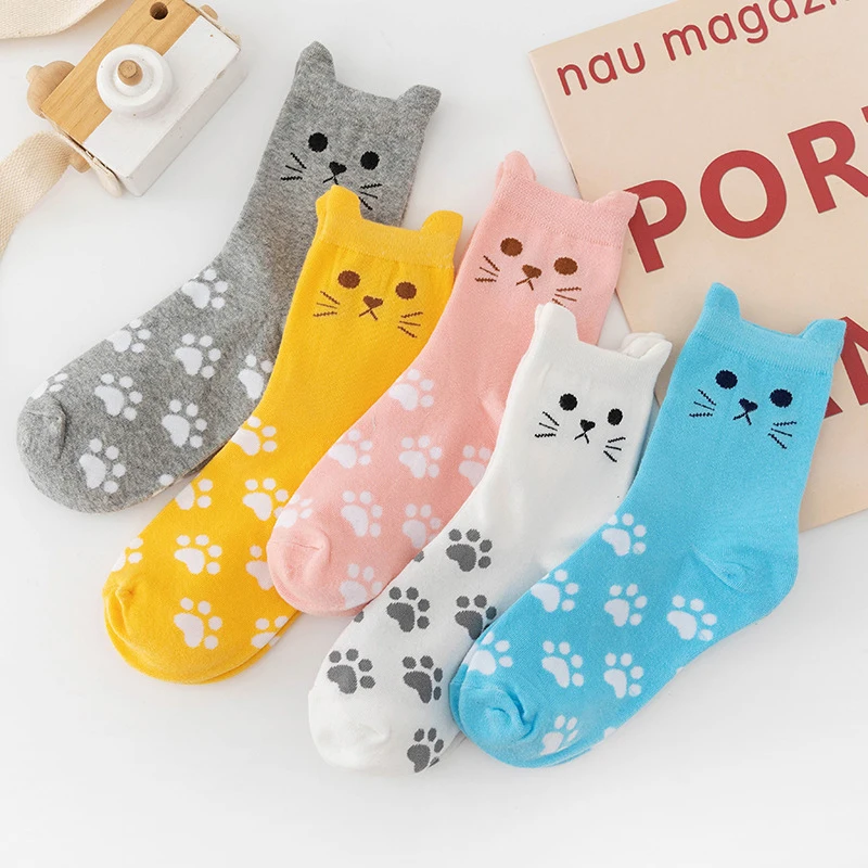 

Cute Cartoon Cat Women Crew Socks Spring Autumn Kawaii Kitty Cat Paw Print Candy Color Harajuku Casual Female Mid Tube Socks Sox