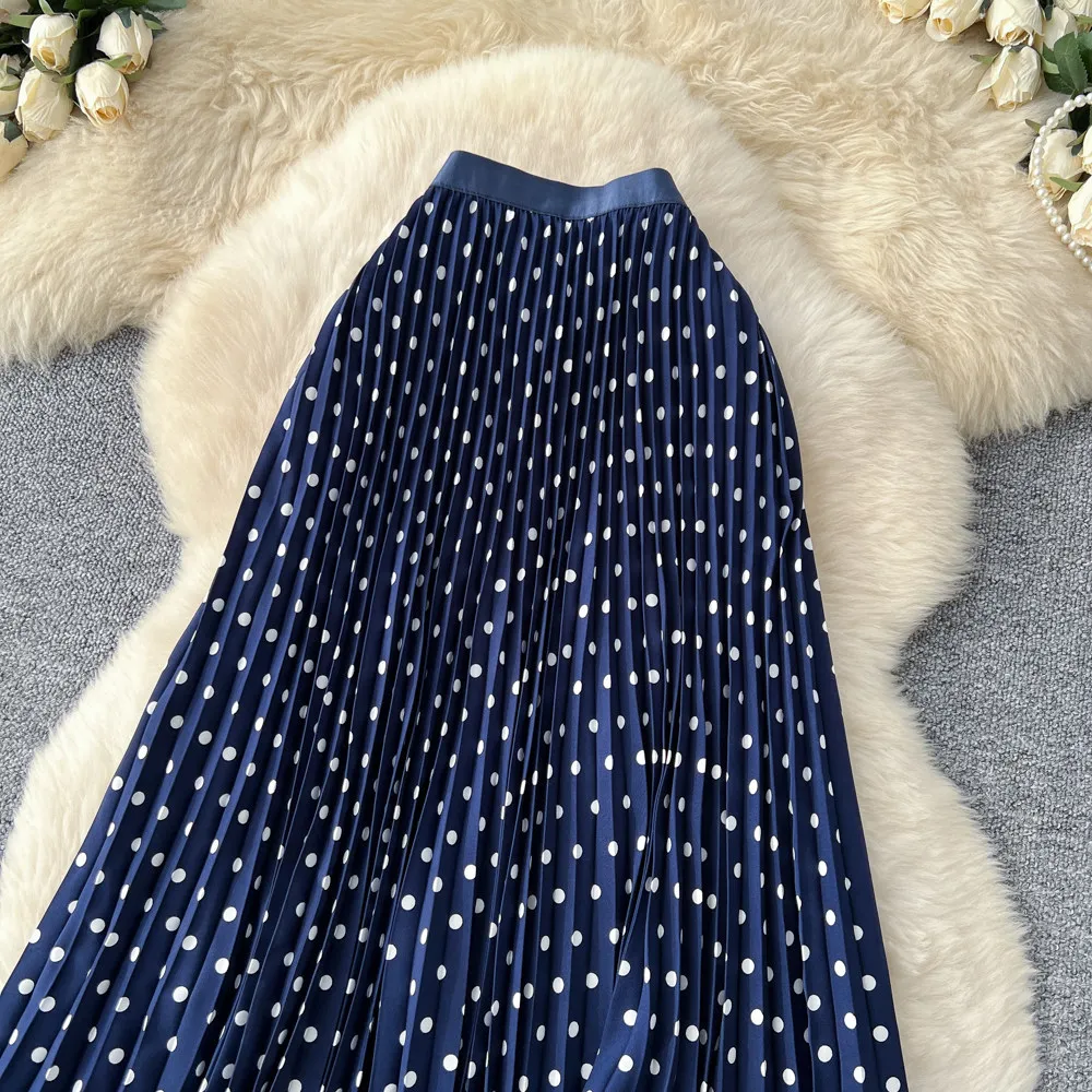 Korean Style Polka Dot Print Pleated A-line Long Skirts Women 2026 Spring Summer High Waist Casual Skirt