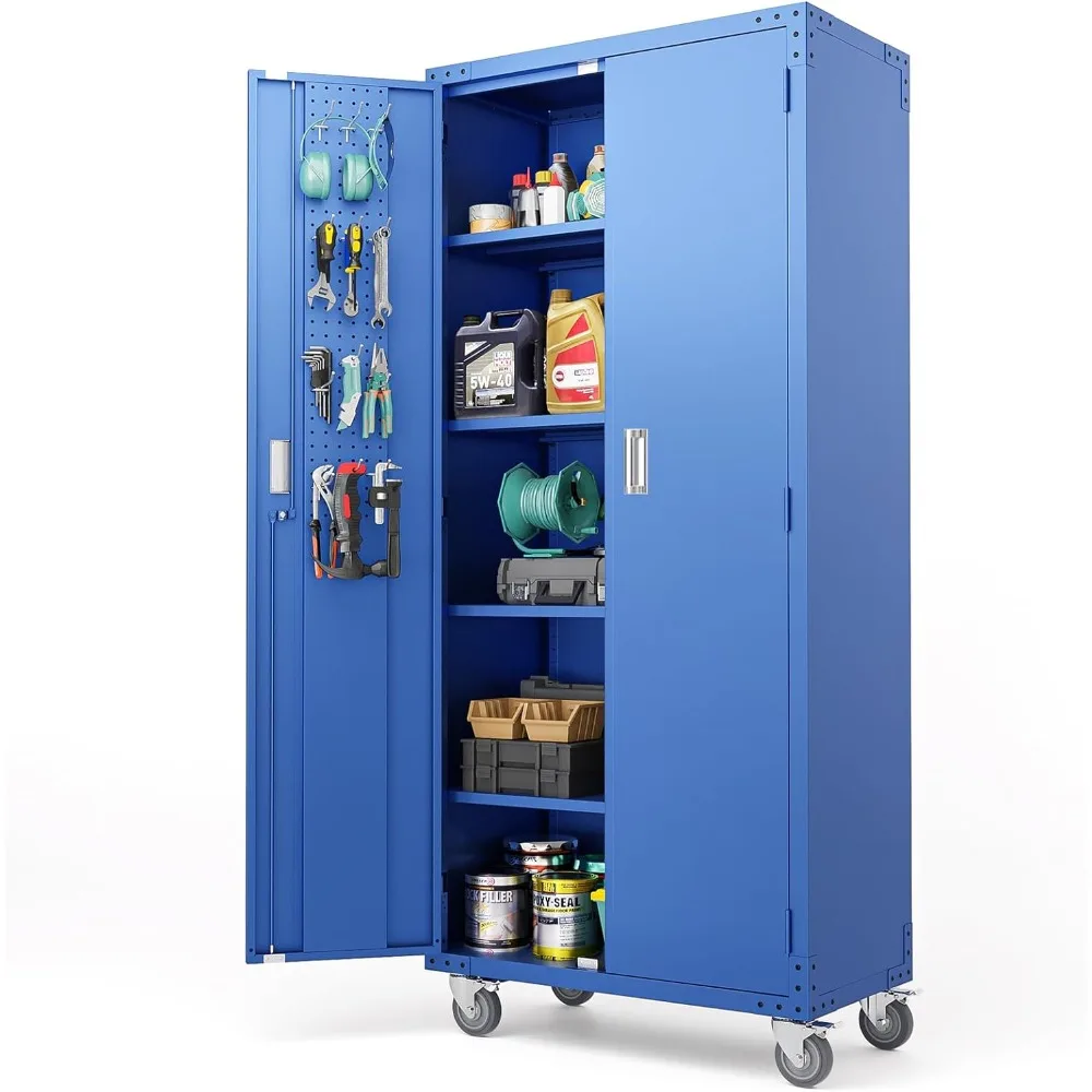 

72'' Tall Metal Garage Storage Cabinet with Pegboards, Wheels, Locking Doors and Adjustable Shelves, File Cabinet/Tool Cabinet