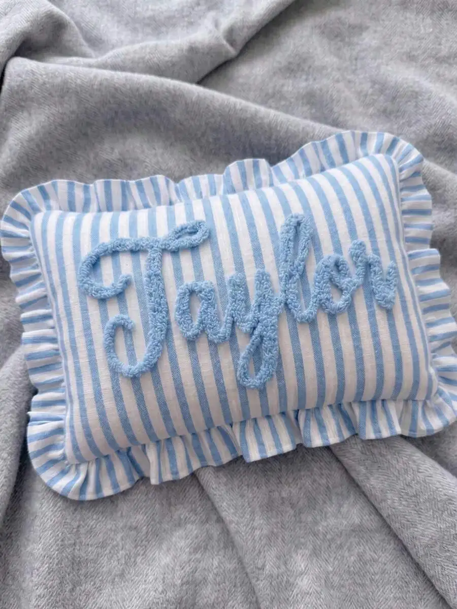 Personalized Striped Ruffle Eyelet Embroidered Throw Pillow, Custom Tufted Name Embroidery Cushion, Soft Rectangular Pillow, Sui