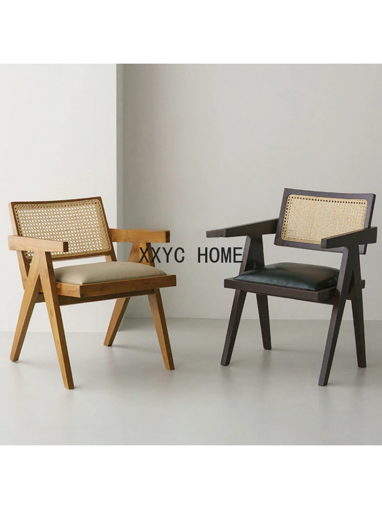 Japanese-Style Solid Wood Rattan Chair Home Dining Chair Creative Retro Log Armchair