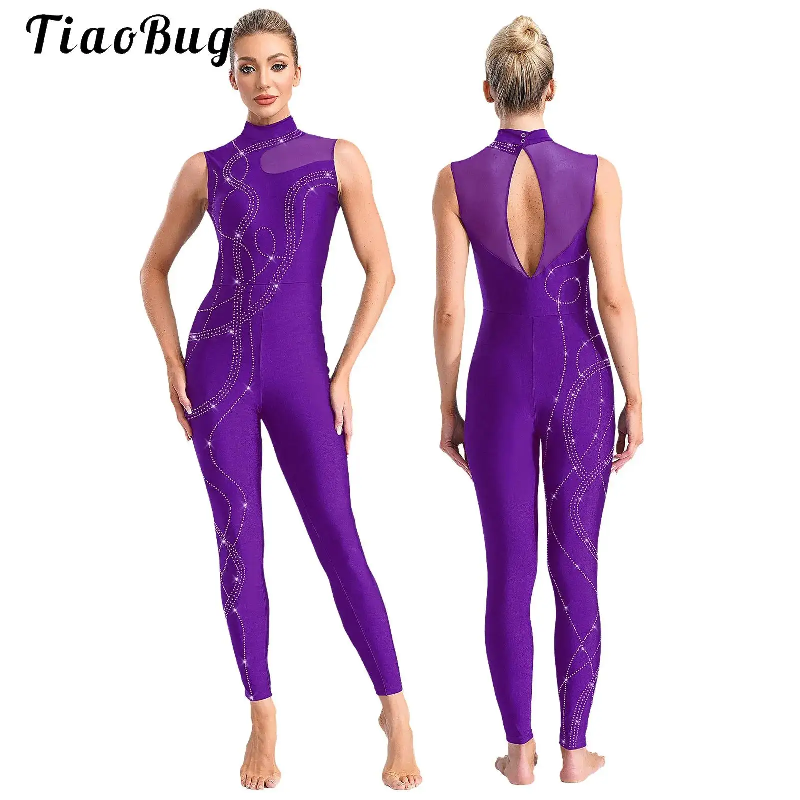 

Women Shiny Rhinestones Gymnastics Figure Skating Ballet Leotards Unitard Jumpsuit Dance Costume Sleeveless Rompers Bodysuit Set