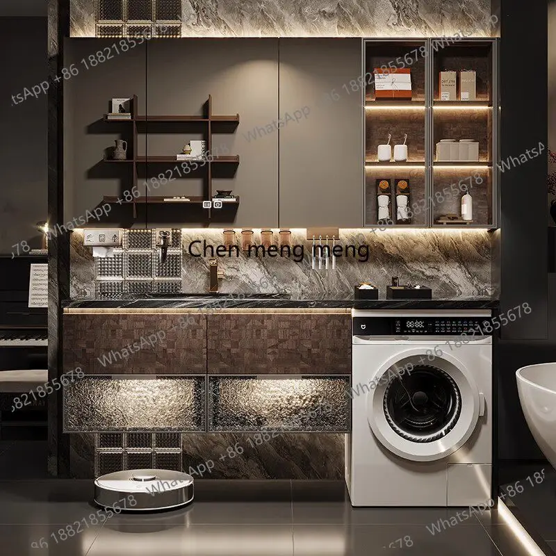 

Luxury stone countertop solid wood light luxury washing machine cabinet bathroom sink toilet laundry cabinet