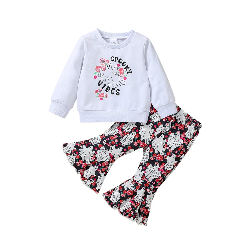 Kleinkind Mädchen Halloween Outfits Ghost Letter Print Langarm Sweatshirt und elastische Flare Hosen Set 2 Stück Kleidung