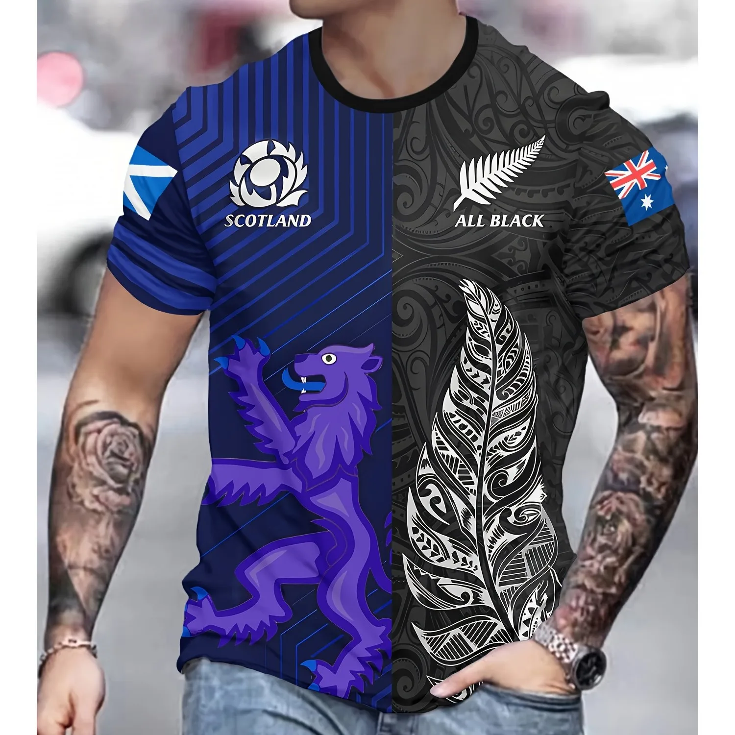 Men's Full-Body 3D Print Graphic Tee - Scotland & New Zealand Cultural Fusion Shirt with Dual-Sided Blue Floral Lion, Lightweigh