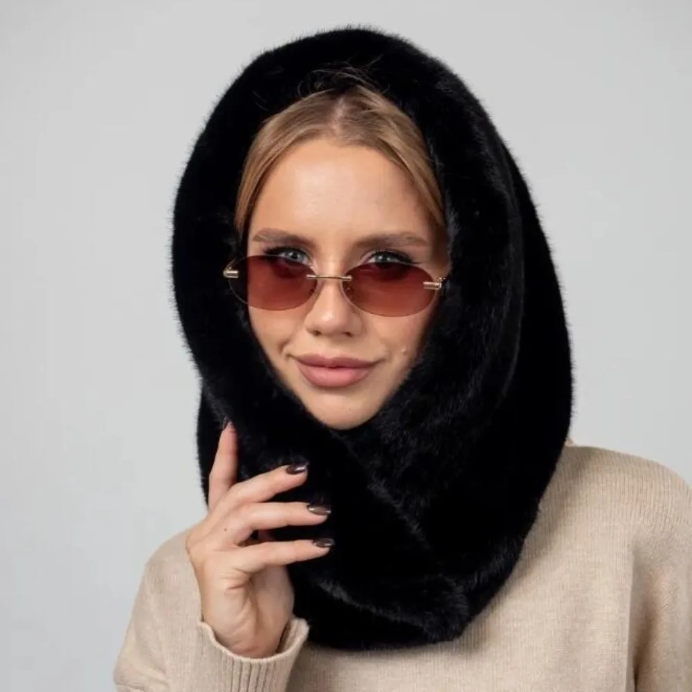 Fashion Thick Warm Faux Fur Hood Soft Solid Color Winter Fur Hat Windproof Fur Neck Collar for Women
