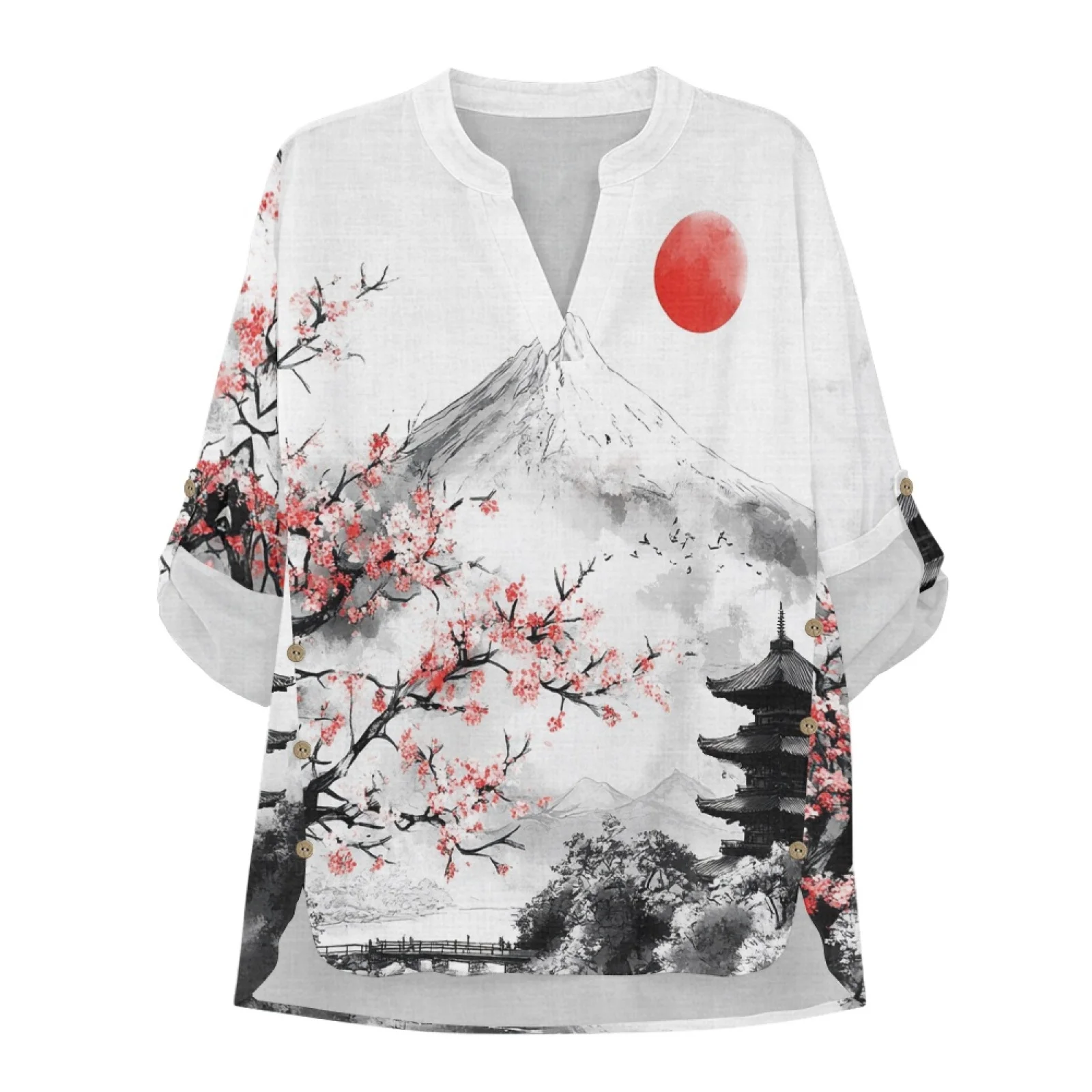 PENSTROLL Mount Fuji Flowers Linen Like Casual Long Sleeve V Neck Tops Trendy Long Sleeve Womens Tops for Ladies Sizes S-5XL