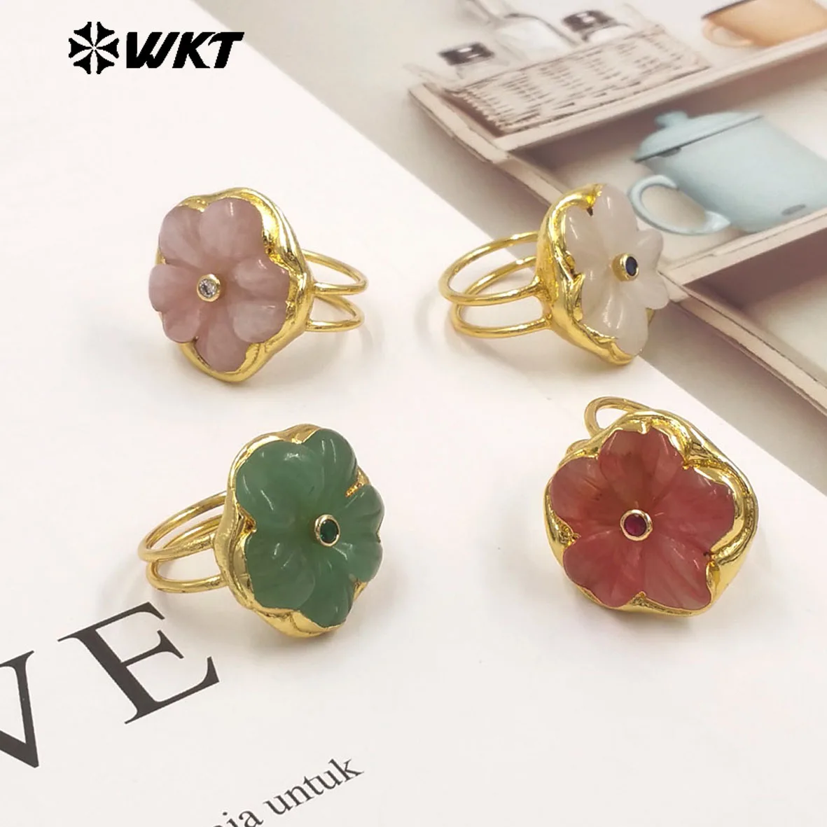 WT-R611 Flower Gemstone Zircon US7 Ring With 18K Real Gold Plated For Women Wedding Jewlery