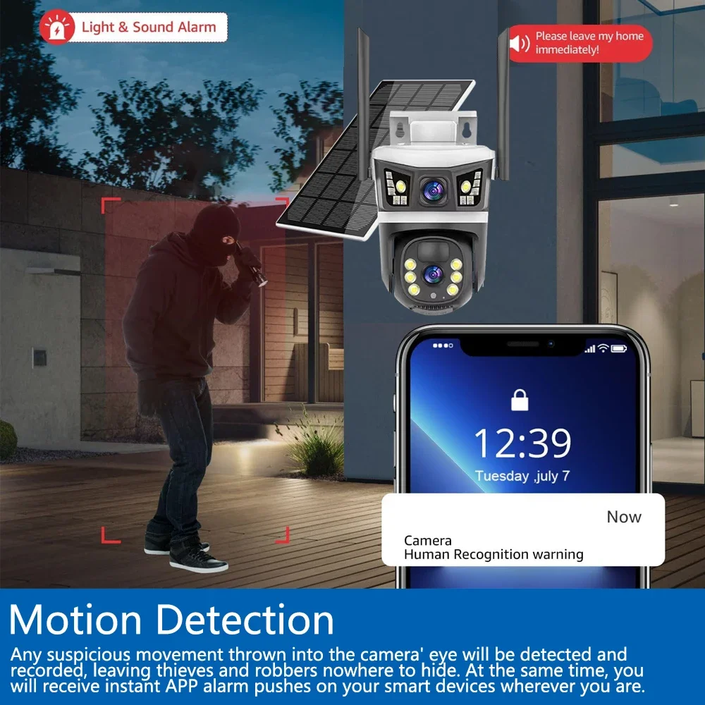 

V380 Pro с тремя объективами и тремя экранами, Wi-Fi, солнечная камера, 12 МП, видеонаблюдение, наружное автоматическое отслеживание, поддержка обнаружения гуманоидов, PTZ IP66 Cam