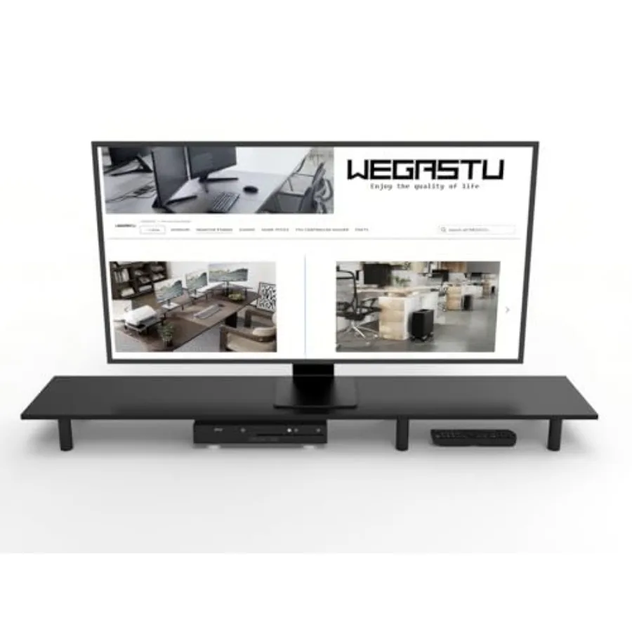 Large Dual Monitor Stand Riser 43.3IN Black Solid Wood Desk with Adjustable Legs for Home Office Storage of Computer PC Laptop