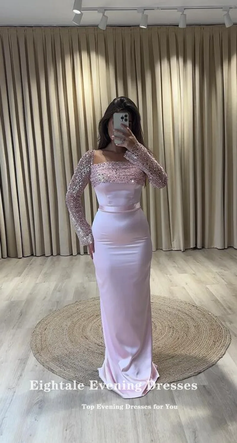 Eightale Pink Evening Dresses with Detachable Skirt Sequin Long Sleeve Customized Prom Party Gown Wedding sukienki na studniówkę