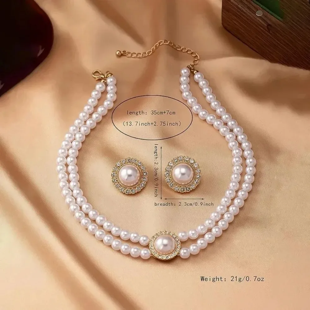 Women's Party Accessories Jewelry Set Fashion Elegant Geometric Round Rhinestone Imitation Pearl Beaded Necklace Earring 4Pcs