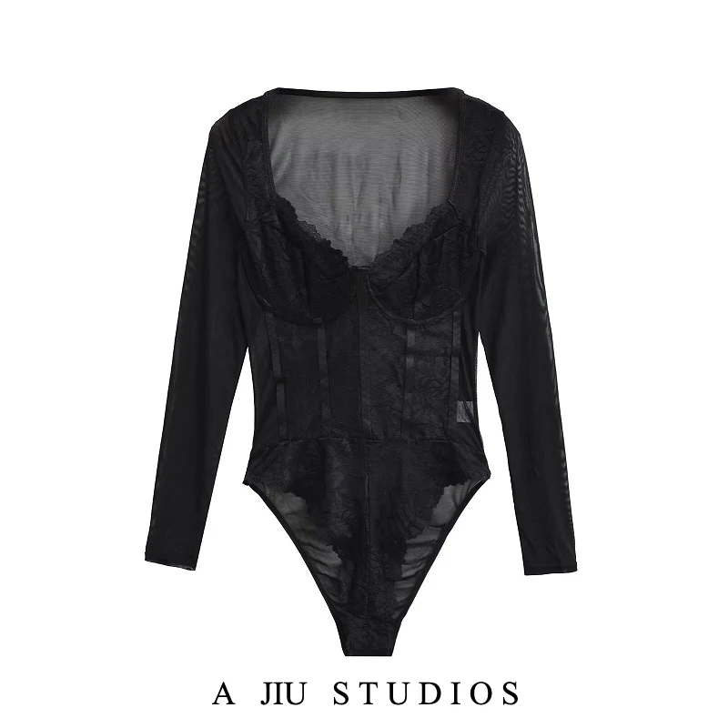 بدلة نسائية مثيرة من الدانتيل شفافة طويلة Sve V-ne بطبقة أساسية للتخسيس ضيقة مناسبة للشارع بخصر عالٍ