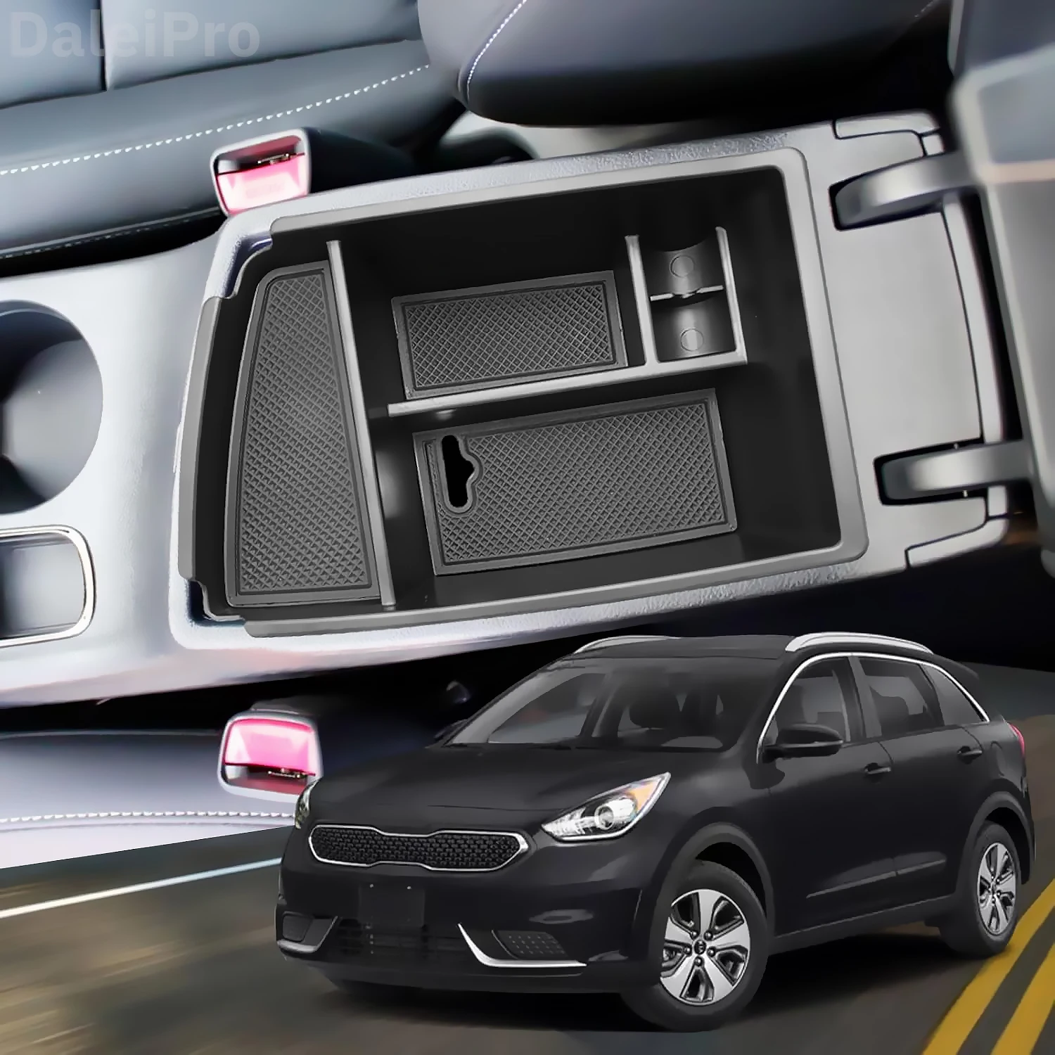 Para Kia Niro 2016 2017 2018-2022 caja de almacenamiento de reposabrazos de coche organizador de consola central bandeja caja de almacenamiento almohadilla de silicona accesorios NIRO