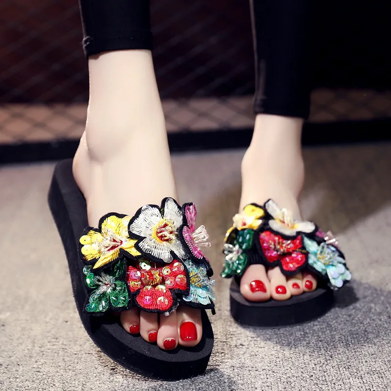 

Plus Size 35-42 Women Shoes Summer Flower Sandals Platform Shoes Flip Flops Slide Flat Tick Beach Slipper Zapatos De Mujer