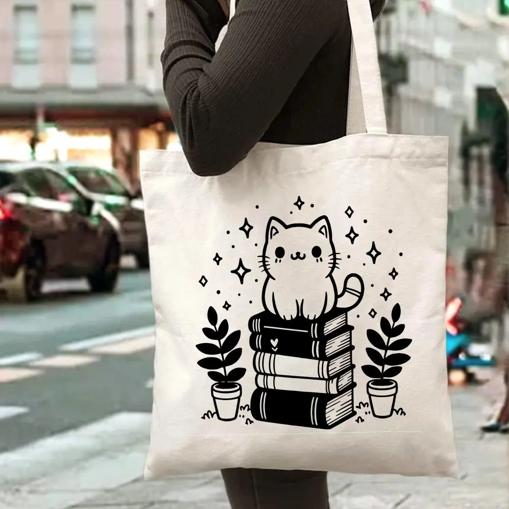 

Large Capacity Canvas Cat on Books Tote Bag, Durable Fashionable Handbag with Open Top, Shoulder Strap, for Outdoor Picnic Party