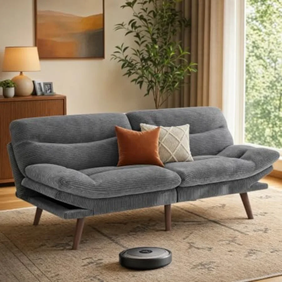 Convertible Futon Sofa Bed for living room, corduroy fabric, gray, reversible design with removable cushions