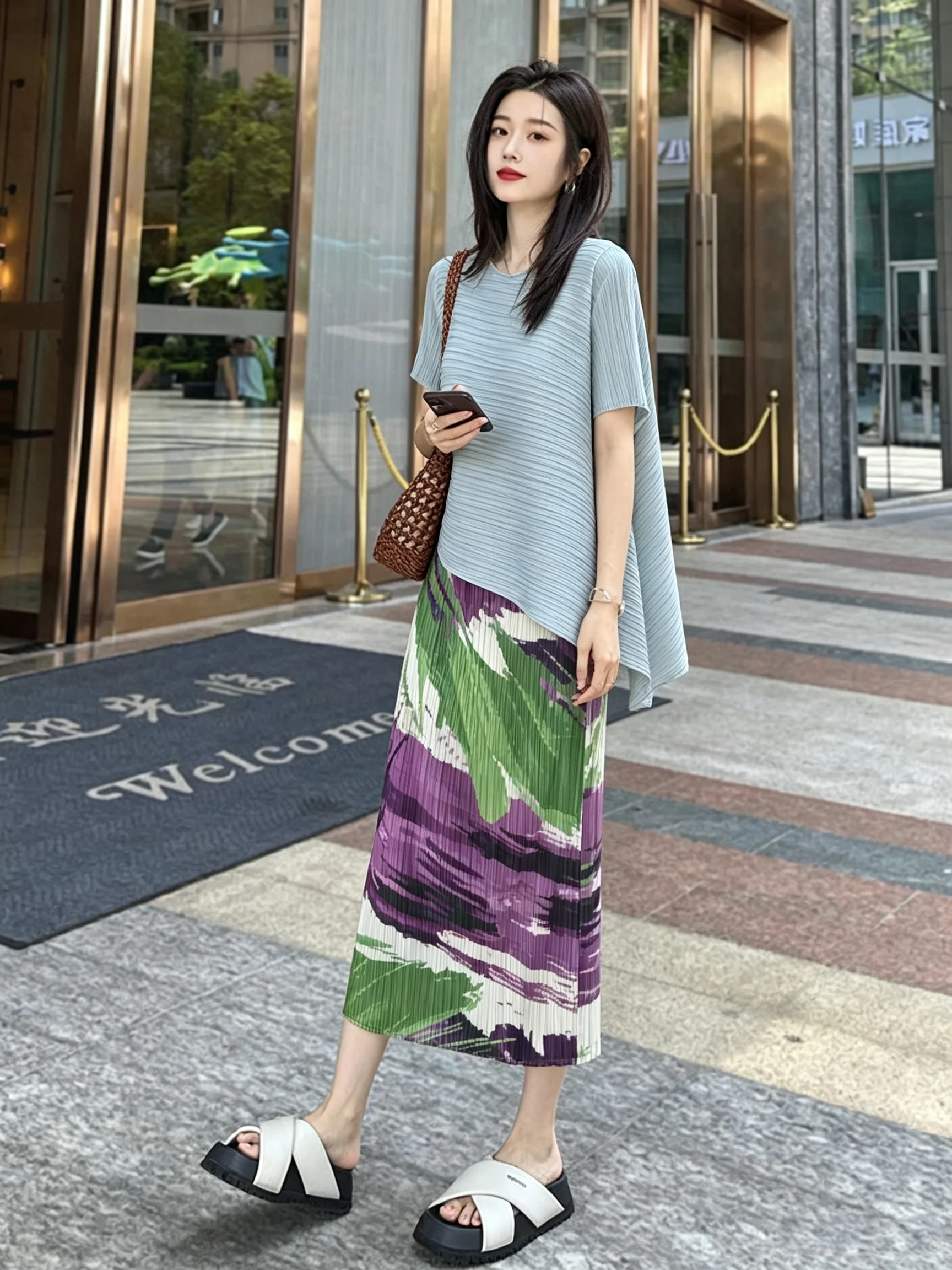 Summer Fashion Set Women's Printed Pleated  Skirt High-End Slimming Elegant Style Two-Piece Ensemble Casual Chic Look