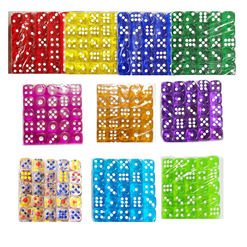 Multicolor Acrílico Arredondado Bordas Dice Set, 6 Lados, Cor Transparente, Tabela Jogo de Tabuleiro, Drink Party, DND, 50Pcs, 12mm