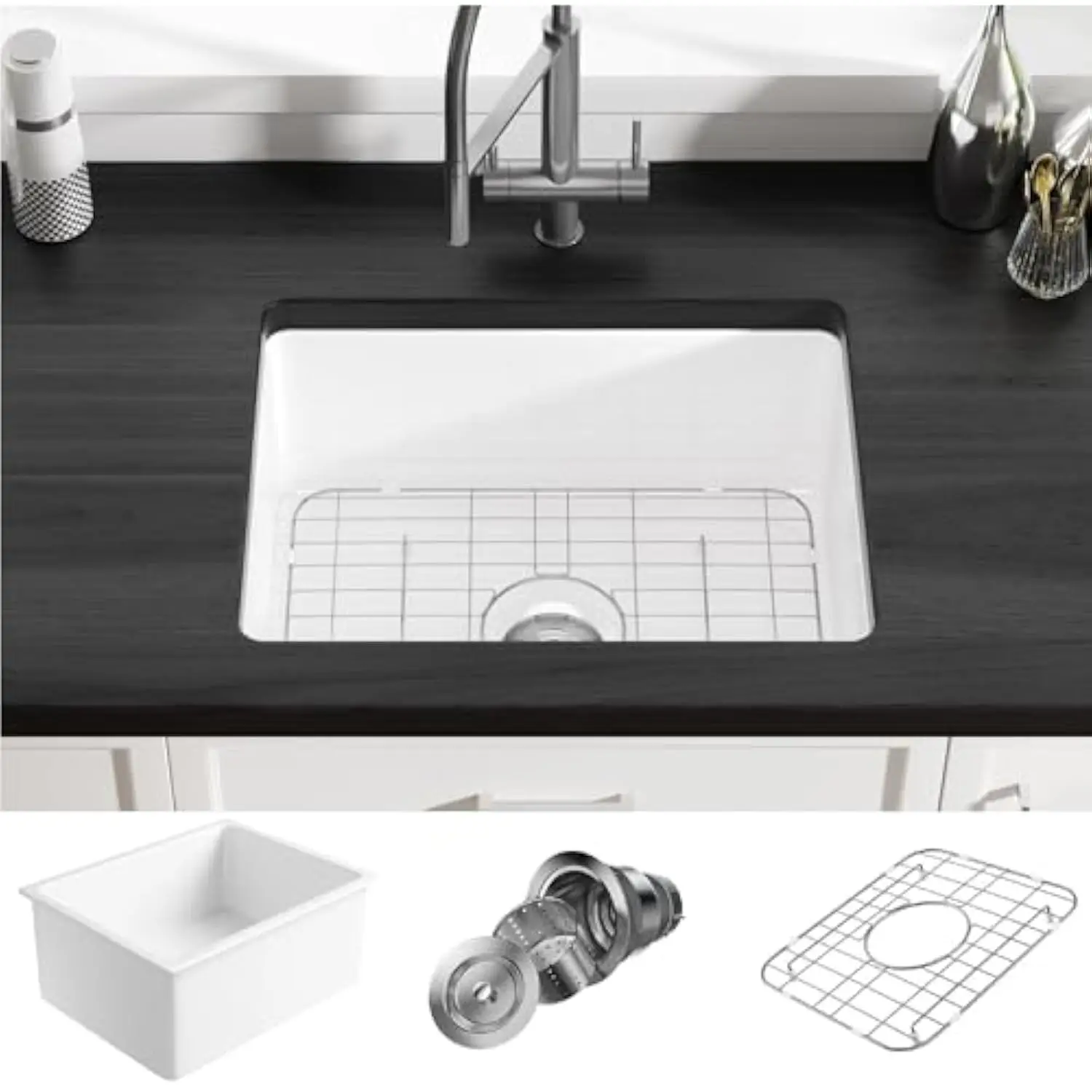 

Undermount Kitchen Sink, 24 L x 18 W Undermount Kitchen Sink White Ceramic Sink Deep Single Bowl with Bottom Grid and Strainer