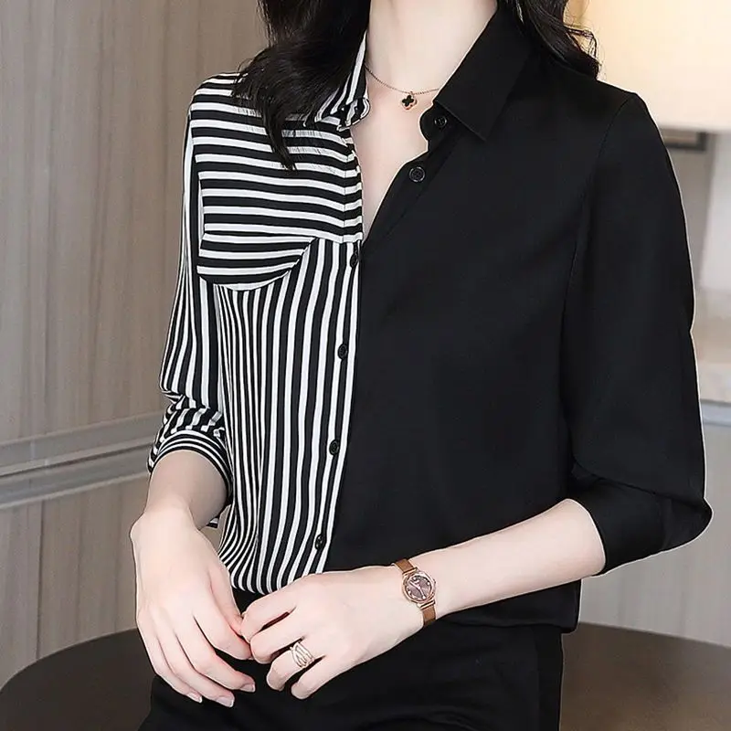 Satin Shirt Striped Patchwork Elegant Office Lady Button Up Shirt 2023 Spring Autumn Korean Fashion Long Sleeve Blouse Top Women