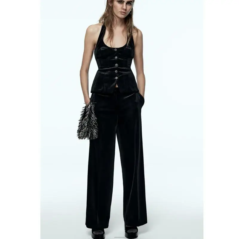 

Autumn Winter New Women's Velvet Tank Top with Nelace Svel Gem Button Faionable Slim Fit Single Button Closure Vest