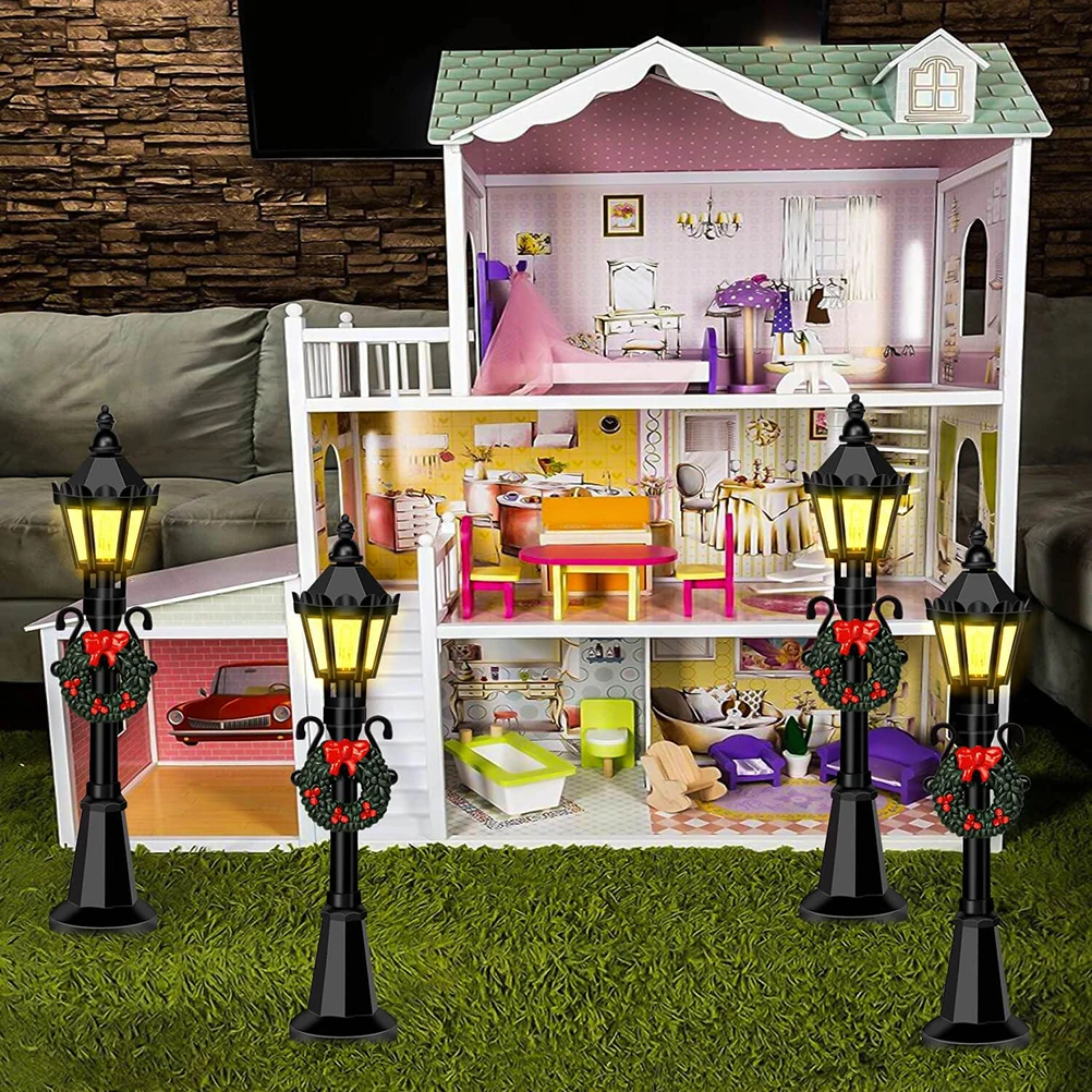 4 Pcs Christmas Mini Street Light Models Dollhouse Streetlight Miniature Village Pathway Lantern Post For DIY Micro Landsca