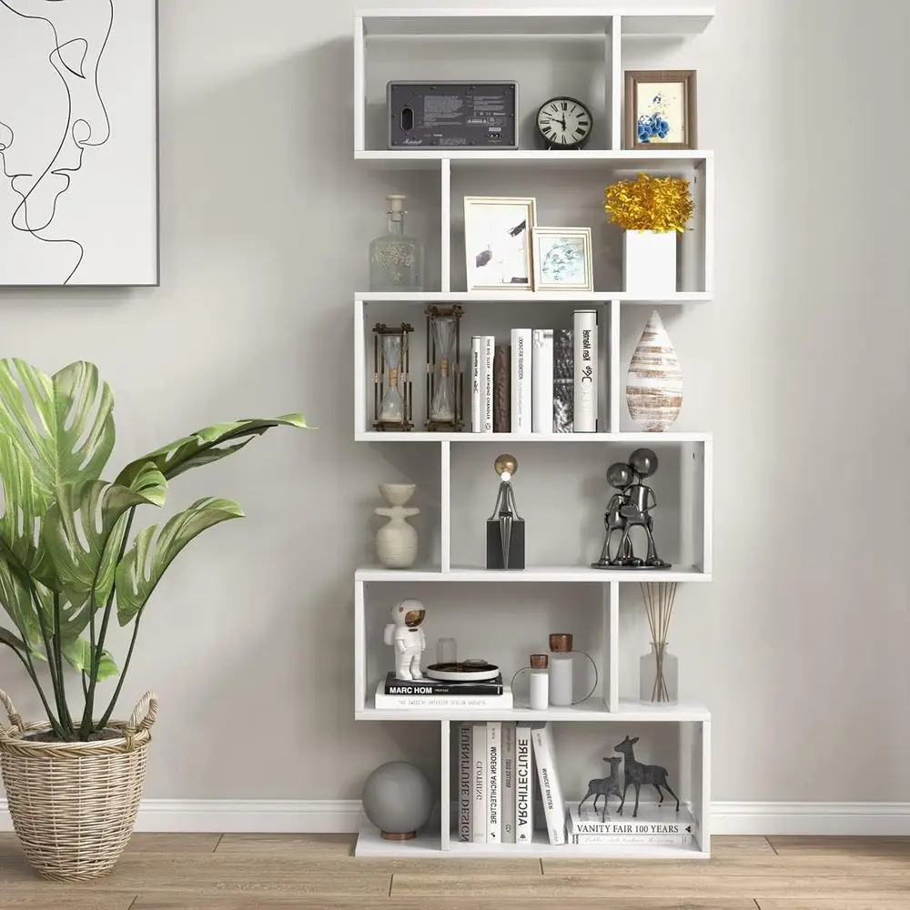 6-Tier Geometric Wooden Bookcase with Anti-Toppling Feature for Living Room and Home Office, White