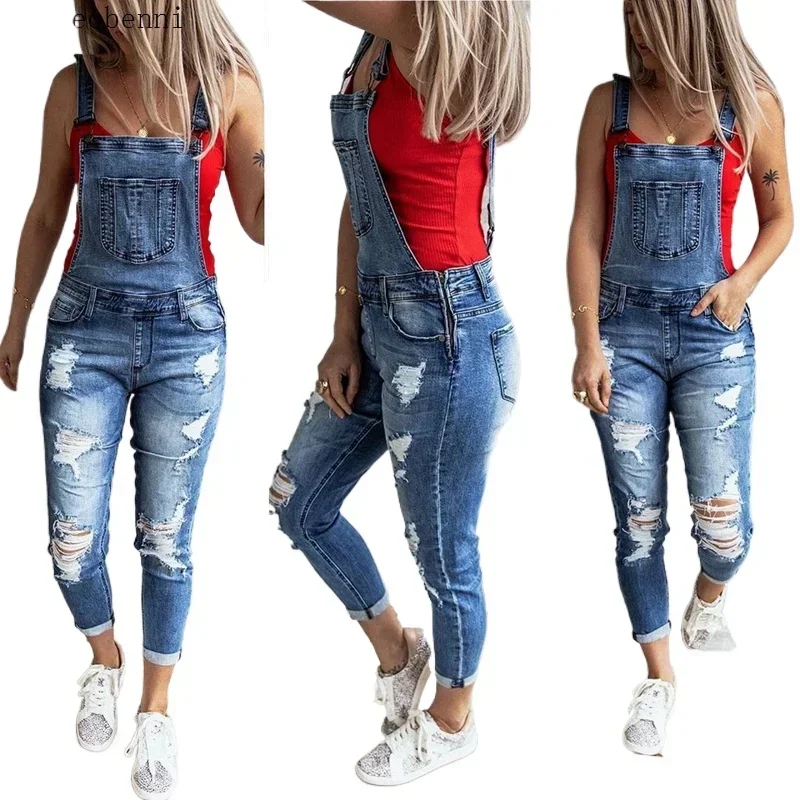 Mulheres sexy rasgado buraco denim macacão senhoras outono moda solta jeans macacão vintage casual plus size bolso geral playsuit