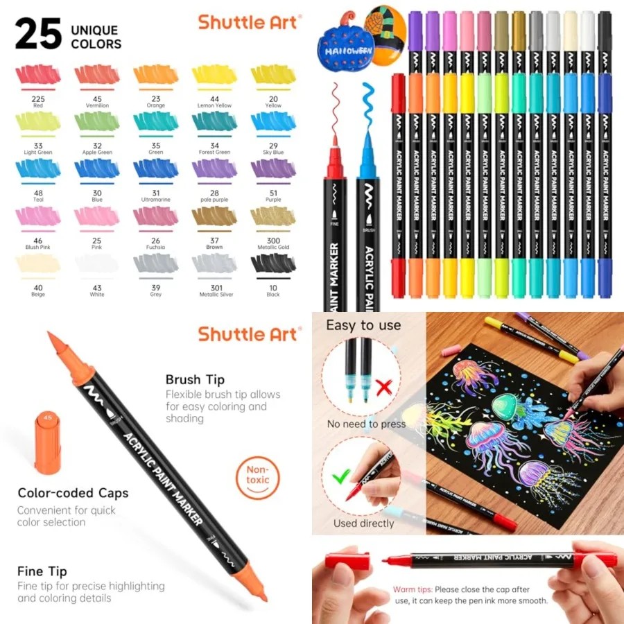 

Shuttle Art 25-цветные маркеры акриловой краски с двойным наконечником и тонким наконечником для наскальной живописи Керамическое искусство Woodcraft Холст