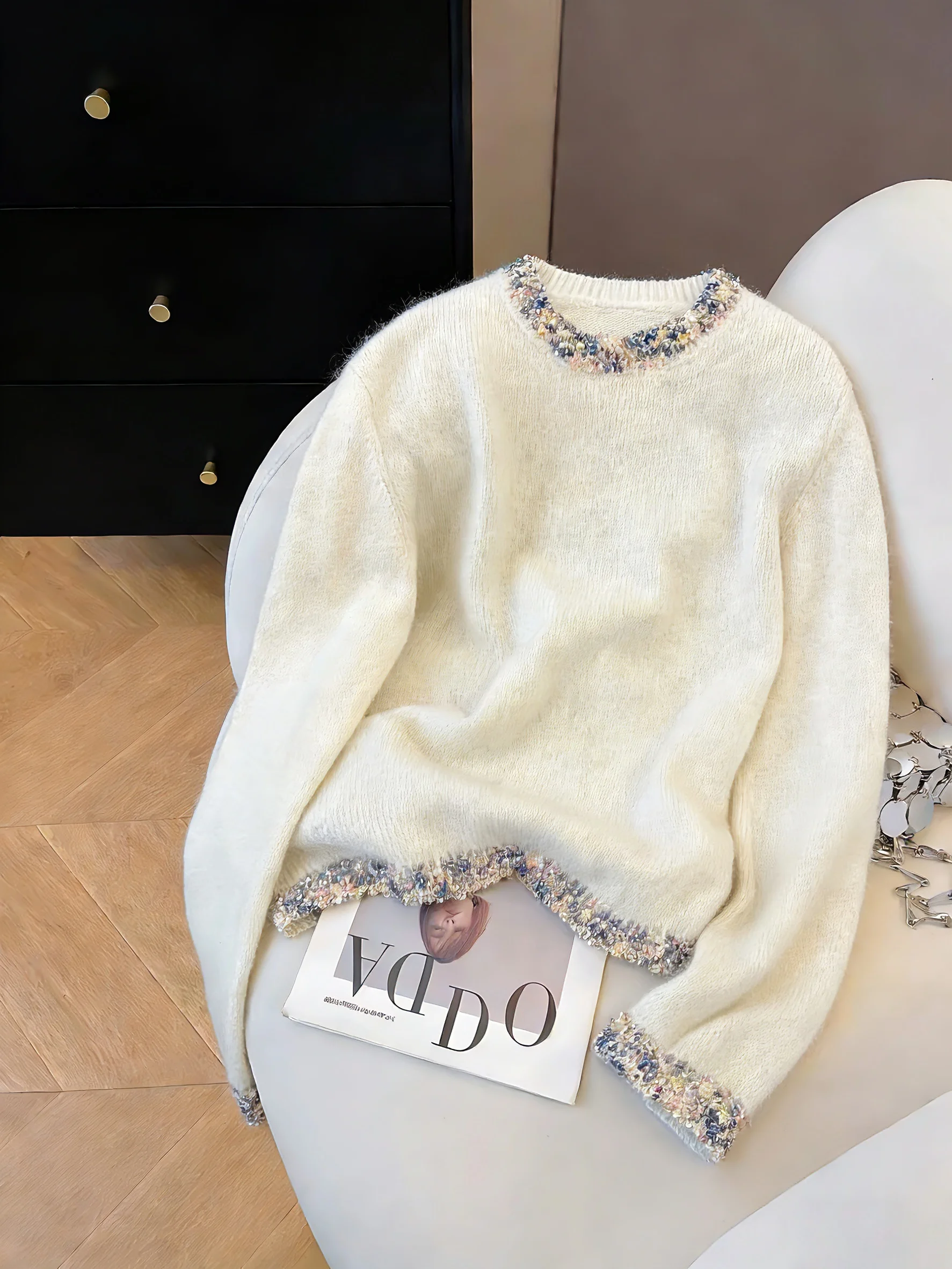 

Soft Gentle White Heavy Bead Long Sve Knitted Sweater Women Spring Autumn Loose Soft Cozy Overhead Pullover Casual Sle P...