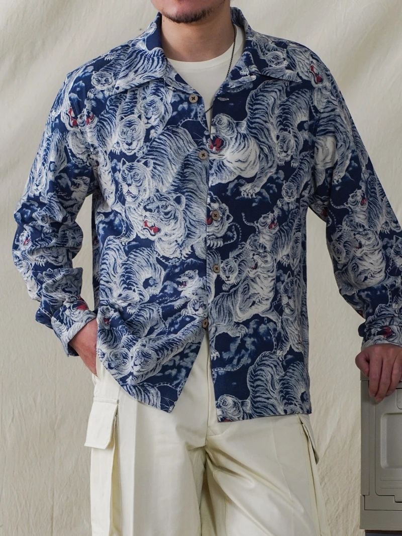 Men's Printed Hawaiian Shirt, Long Sleeves, Tiger Pattern, Japanese Style