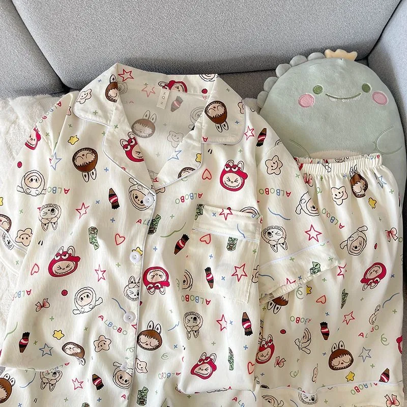 

Kawaii Cartoon Printed Pajamas Sets Women 2025 Summer Cotton Thin Tshirt Shorts Baggy PJ Set Loungewear Y2K White Soft Sleepwear
