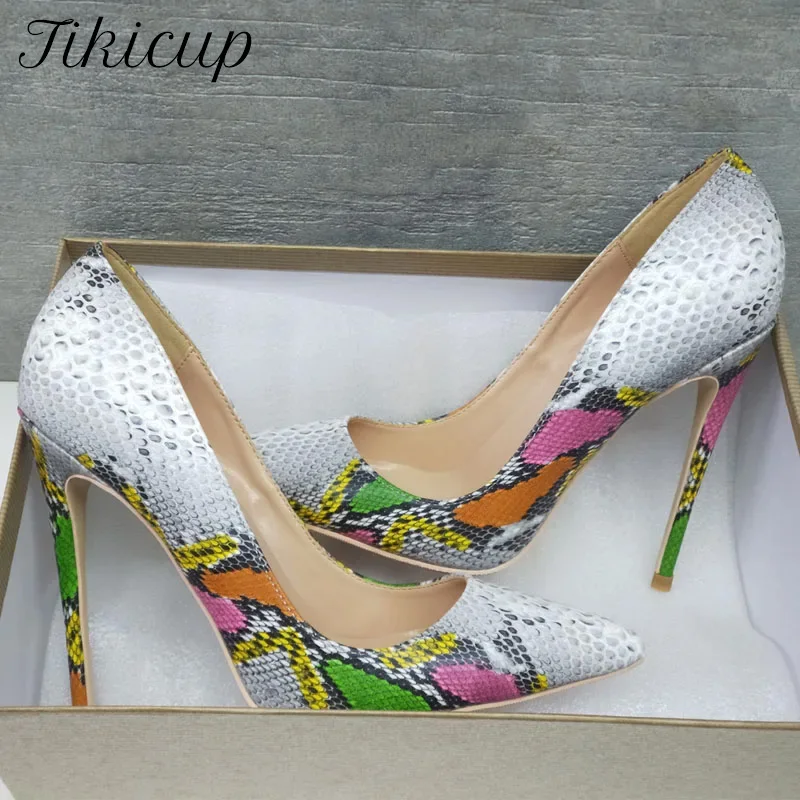 

Tikicup элегантные пикантные женские туфли на шпильке со змеиным принтом, туфли-лодочки на высоком каблуке с острым носком, модные вечерние и вечерние модельные туфли