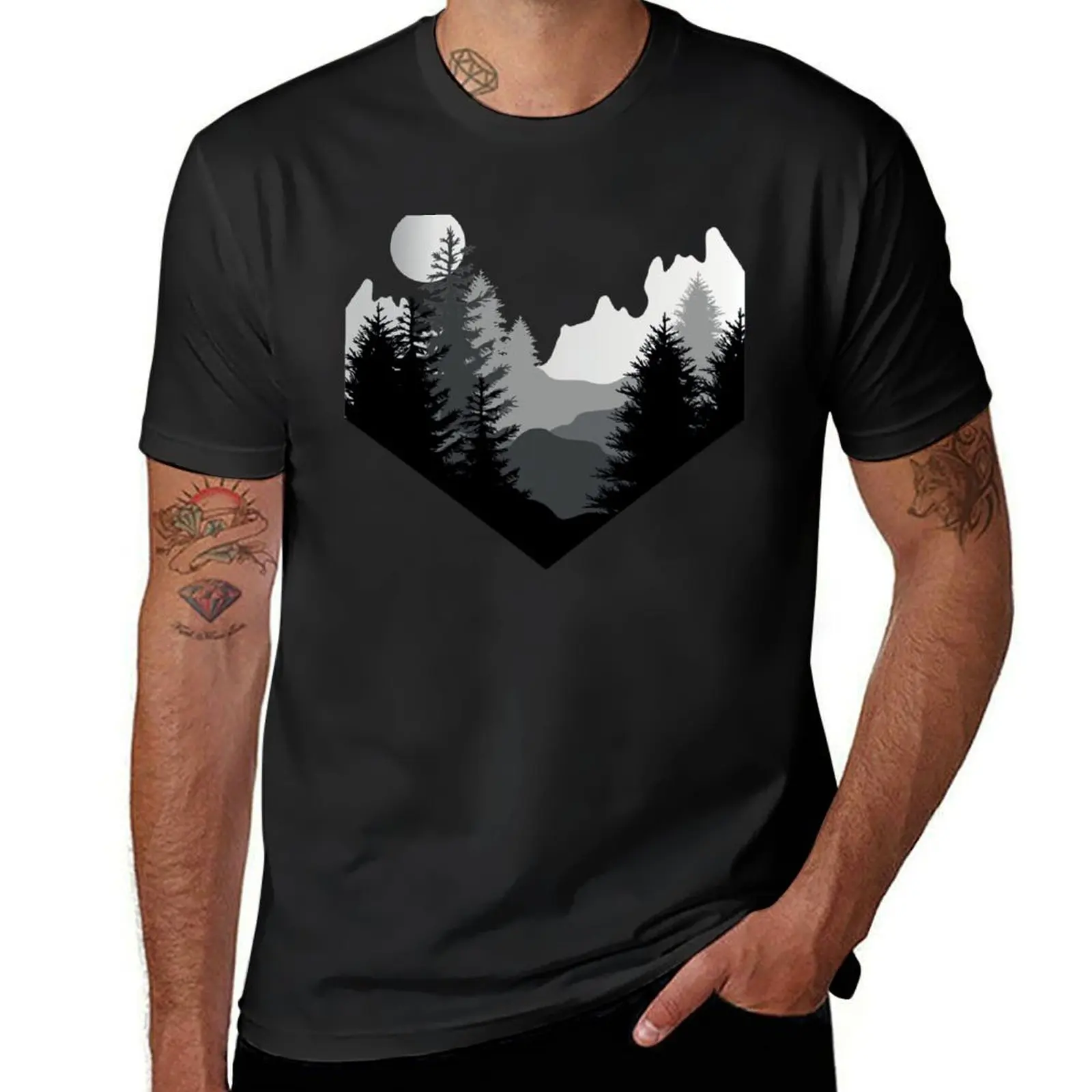 PNW Forest - Polygon - Geometrical Design - Black and White T-Shirt hippie clothes aesthetic clothes men graphic t shirts