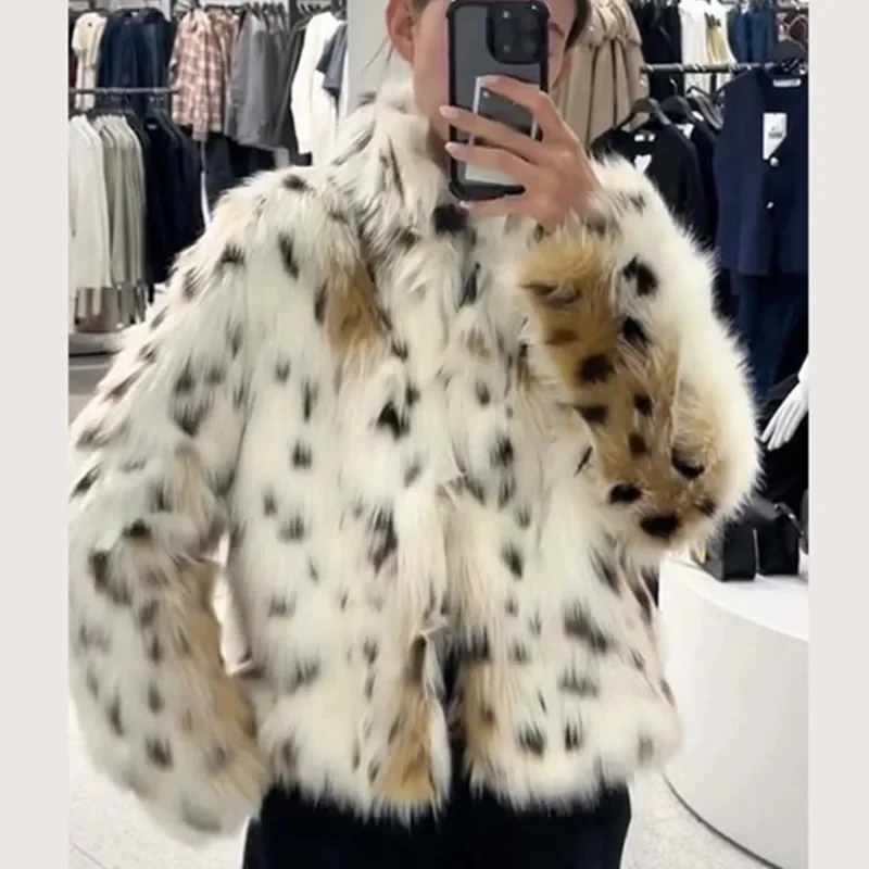 Dot Leopard Contrast Stand Collar Faux Fur Coat Women Warm Commute Long Sleeve Fluffy Plush Jacket Autumn High Street Outerwear