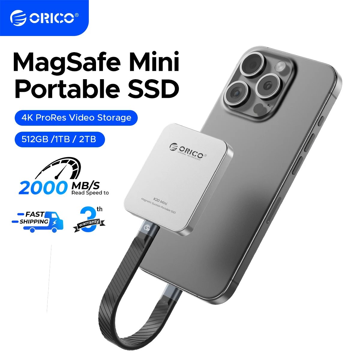 ORICO Mini Magnetic External SSD 1TB Portable Storage for iPhone 15/16 Pro Max 2000MB/s USB-C 4K ProRes HDR Video Recording