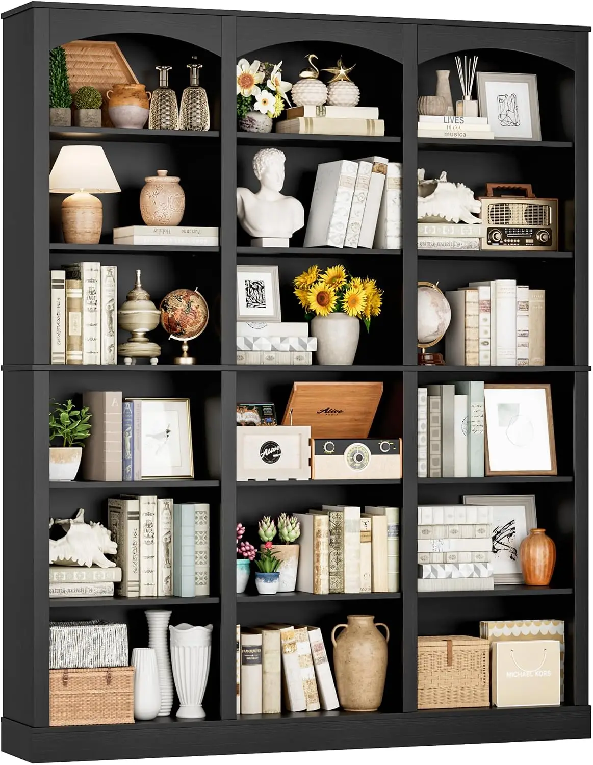 71 Triple Wide 6 Tier Large Arch Black Bookcase Tall Shelf Curved Baffle 634 Wide 18 Open Display Shelves Living Room Study Libr