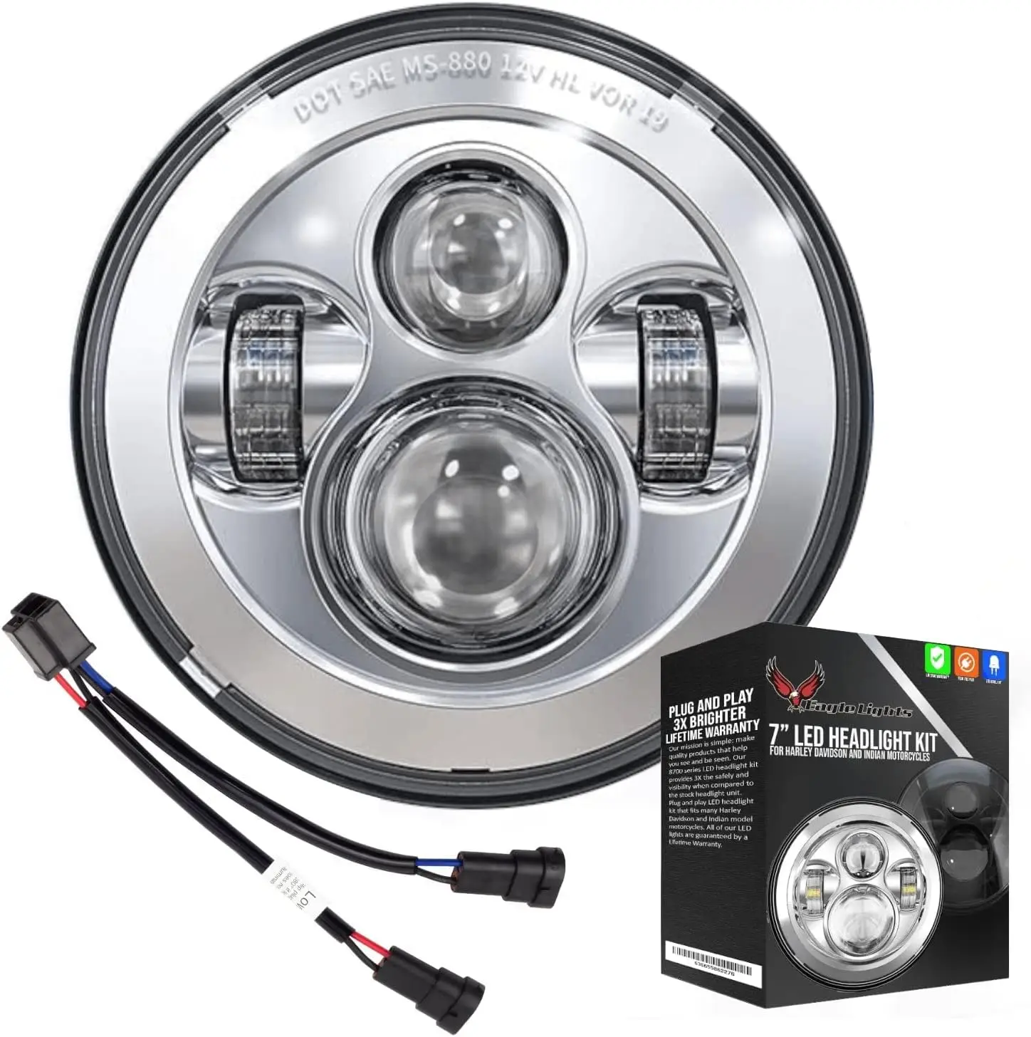 

8700CP-899 7-дюймовая светодиодная фара для мотоциклов Harley Davidson и Indian — комплект ввода-вывода поколения/хромированный/добавление жгута проводов адаптера с двумя лампочками (