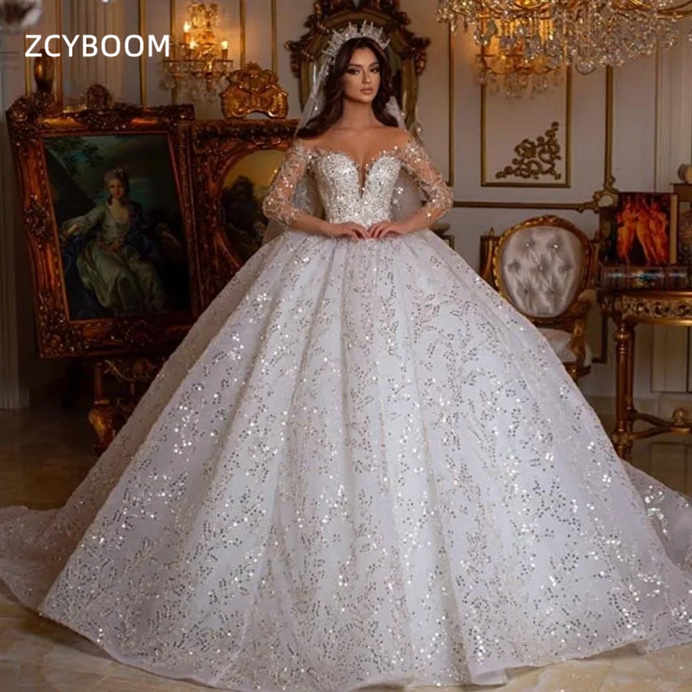 Customized Luxury Sweetheart A-line Wedding Dress Sequined Appliques Long Sleeves Bridal Gown Off the Shoulder vestidos de novia