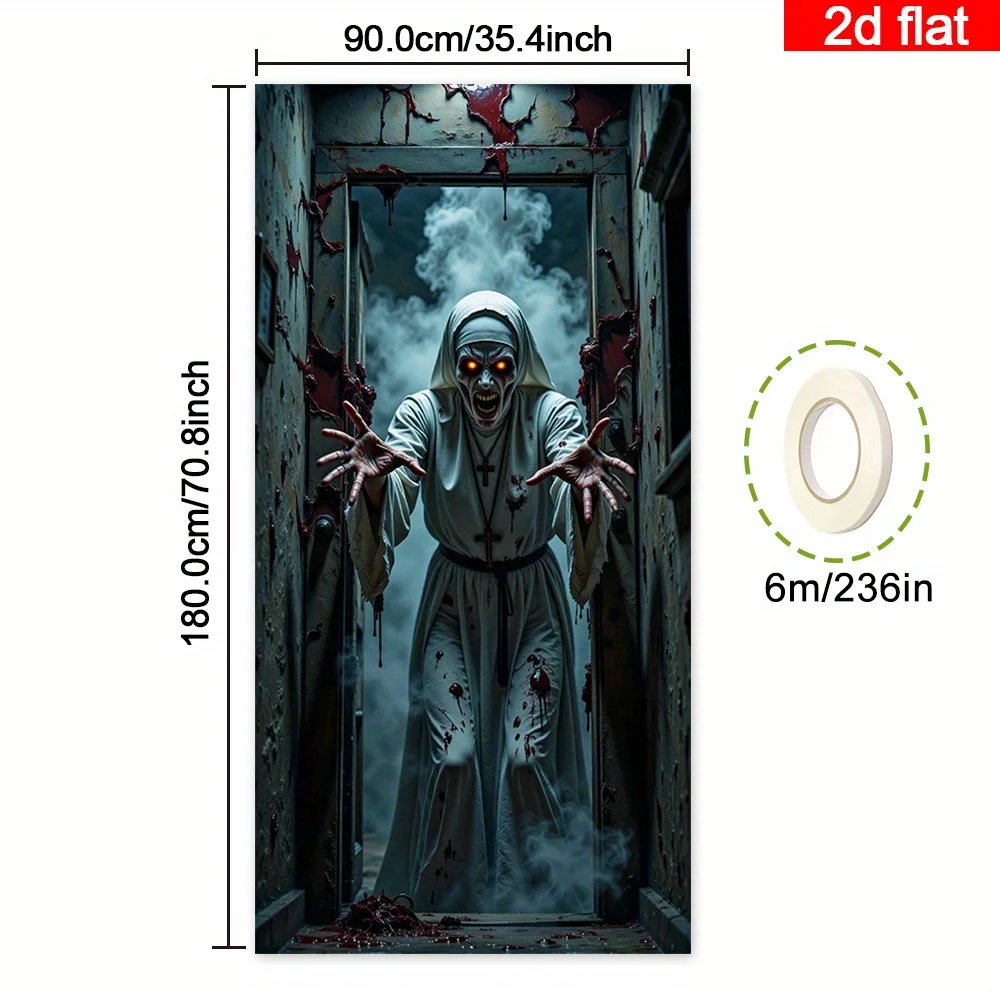 لافتة باب ثنائية الأبعاد، قطعة واحدة من زينة باب الهالوين الكبيرة - لافتة رعب راهبة التهديد وتصميم قوطي ملون بالدم #2