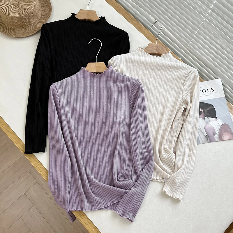 

Gentle Vintage Sweet Purple Wood ain Base irt Women's Inner Wear Sweater Top Autumn New Arrival Commute Sle Long S...