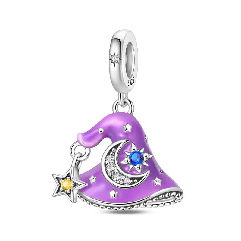 

925 Sterling Silver Purple Fantasy Witch Hat Charms Bead Fit DIY 3mm Original Bracelet For Women Birthday Jewelry Gift
