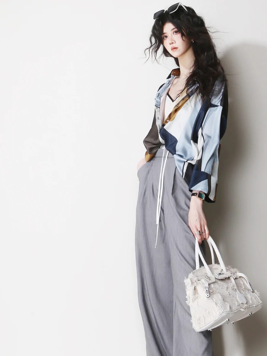 A27 Vintage bedruckter lockerer Seidenkragen irt Retro Nine Sve Länge rund Ne Regular Länge Pendeln Sle Faion Damen...