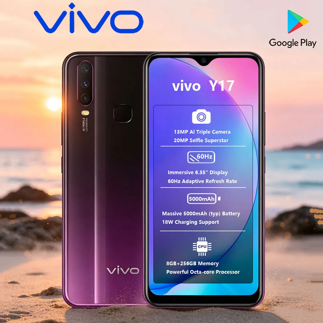 New VIVO Y17 4G Dual-SIM Mobile Phone 5000mAh Large Battery 18W Fast Charging 13 Megapixel AI Smartphone With 8+256GB Memory