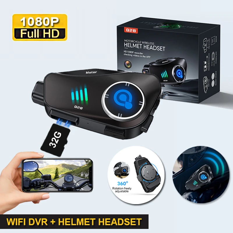 With 32G TF Card Motorcycle DVR 1080P Video WIFI Camera Recorder Handsfree Call HD Waterproof Headphone Helmet Headset 1500mah