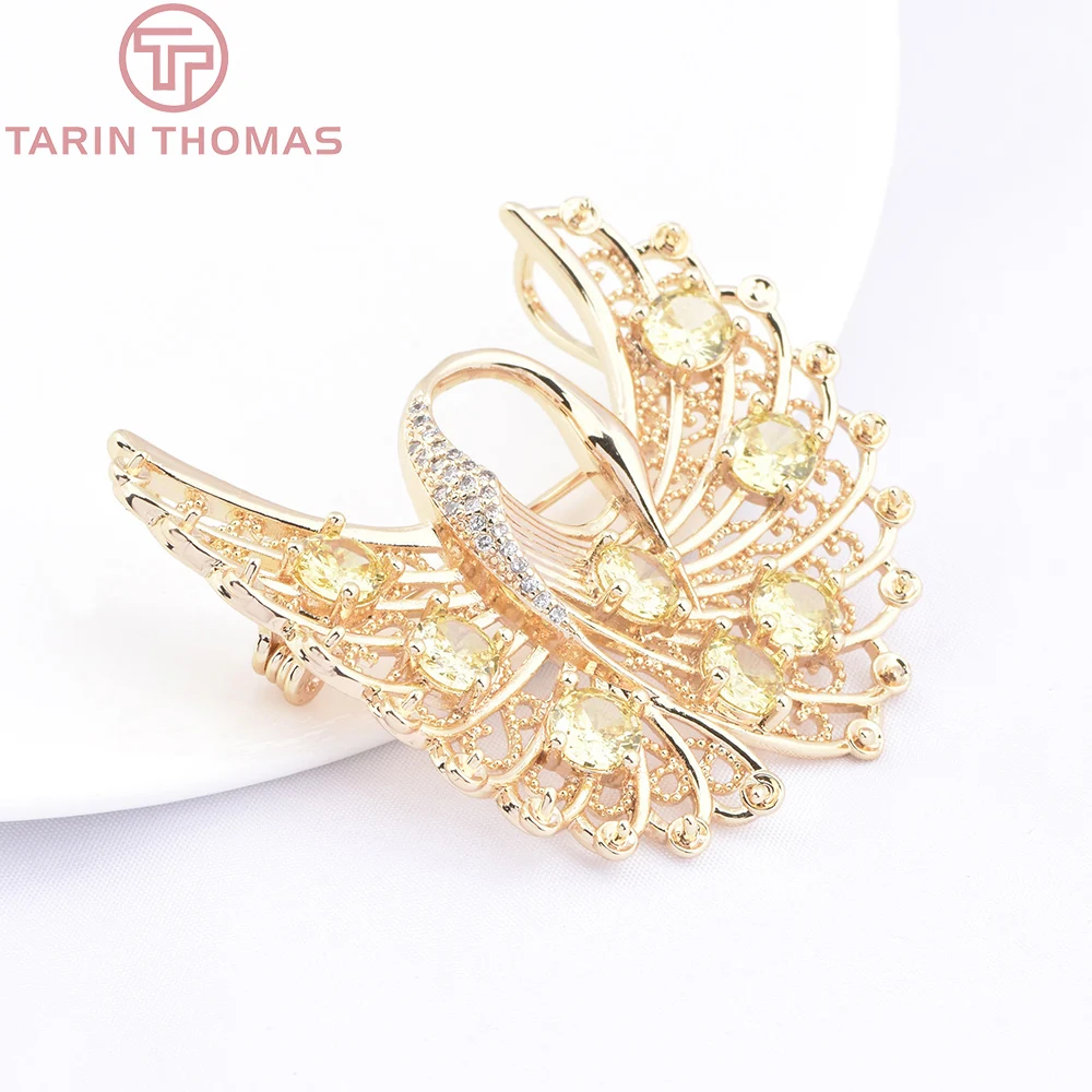 (5900) 1 Piece 47x44.5MM 24K Gold Color Plated Brass with Yellow Zircon Swan Shaped Temperament Brooch Quality Jewelry Findings
