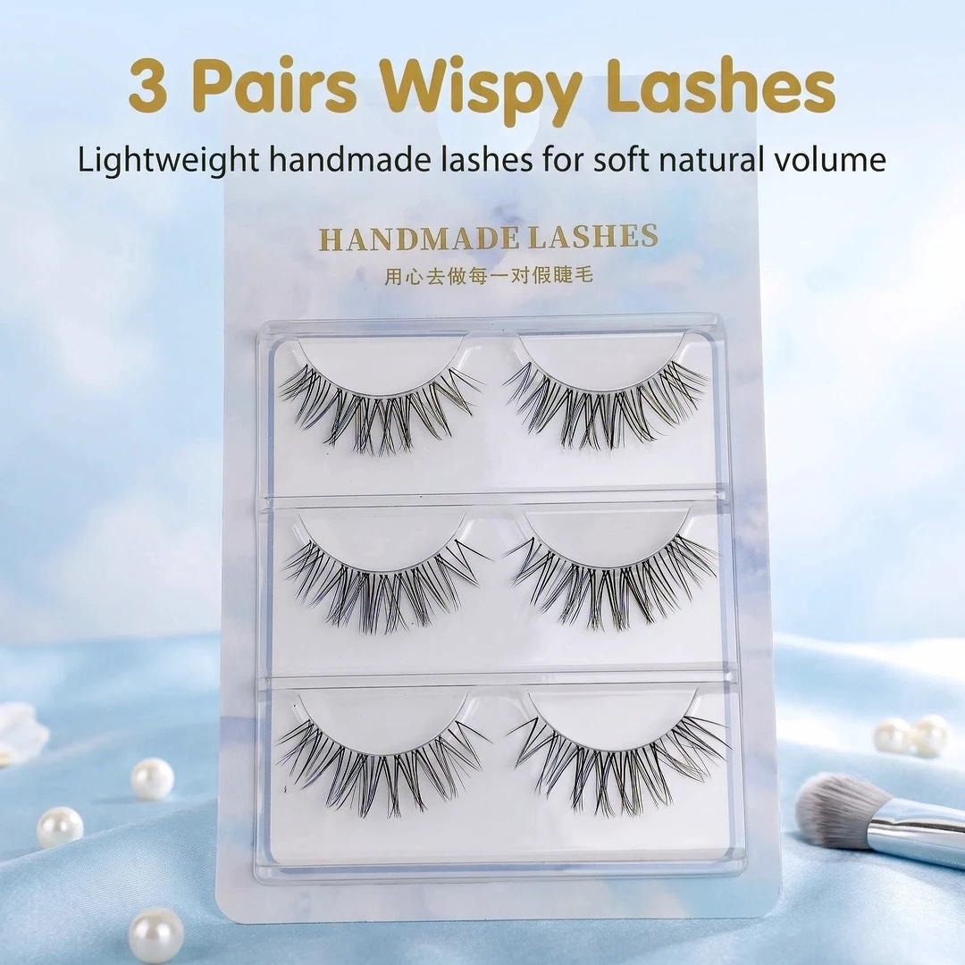 3 pairs of full-strip manga-style false eyelashes, one-piece transparent band, natural cross design for European-American mixed-